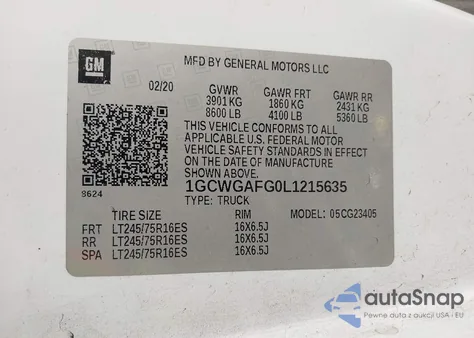 2020 Chevrolet Express Cargo Rwd 2500 Regular Wheelbase Wt z USA, uszkodzony, nr VIN 1GCWGAFG0L1215635